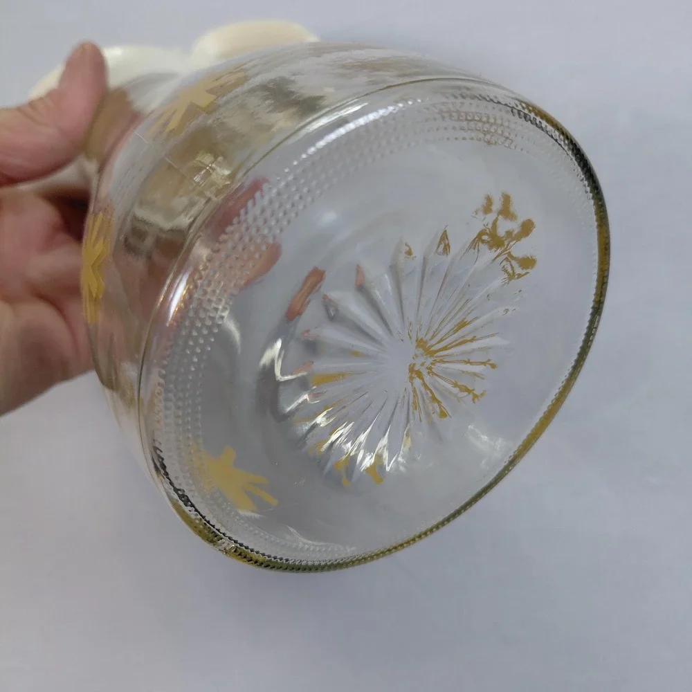 Vintage Log Cabin Syrup Pitcher Glass Dispenser Gold Atomic Starburst